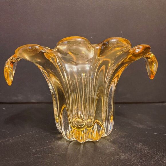 Tulip Blown Art Glass Vase Bowl Amber‎ Clear Ribbed Drip Waterfall - Picture 1 of 6